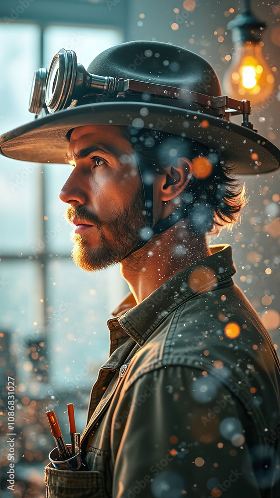 Poster double exposure of an inventor with tools symbolizing creativity