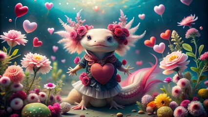 Naklejka premium Fashionable Valentine's Day Axolotl in a Romantic Setting with Floral Accents and Bright Colors, Celebrating Love and Joy in a Unique Aquatic Style
