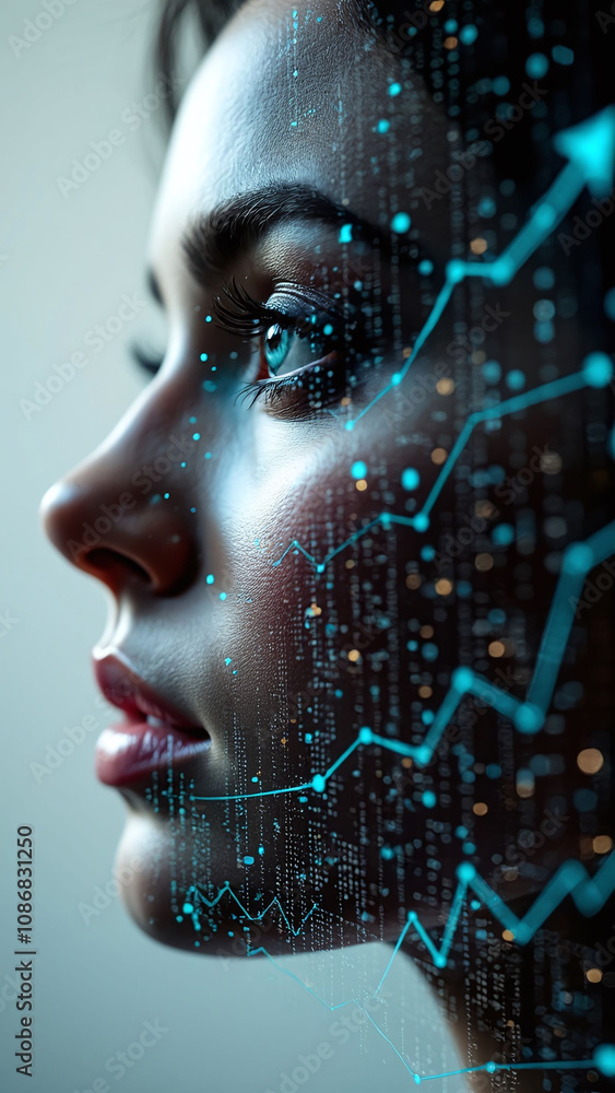 Poster face layered with upward graphs symbolizing achievement and progress