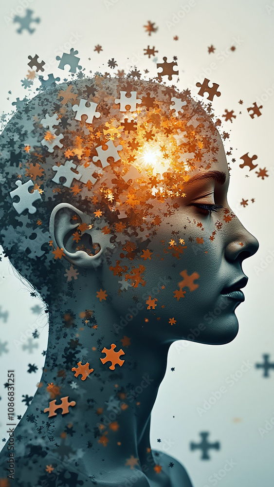 Aufkleber double exposure of a mind with a jigsaw puzzle representing problem-solving