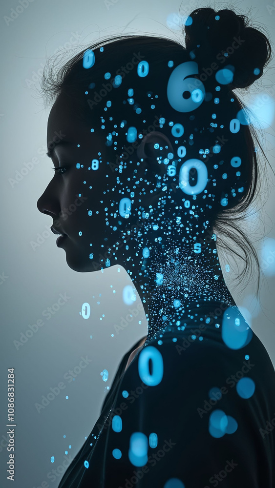 Poster silhouette of a person with digital numbers floating around symbolizing data and technology