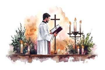 Watercolor Painting of a Priest Reading from a Book During a Religious Ceremony.  A serene image depicting faith and spirituality.