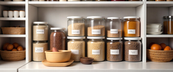 Organized pantry with transparent jars holding various grains, beans, and spices on a clean shelf in a modern kitchen