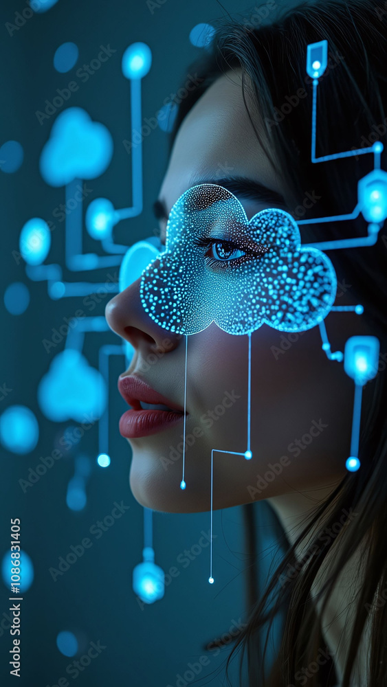 Poster portrait with cloud icons and network lines symbolizing cloud technology