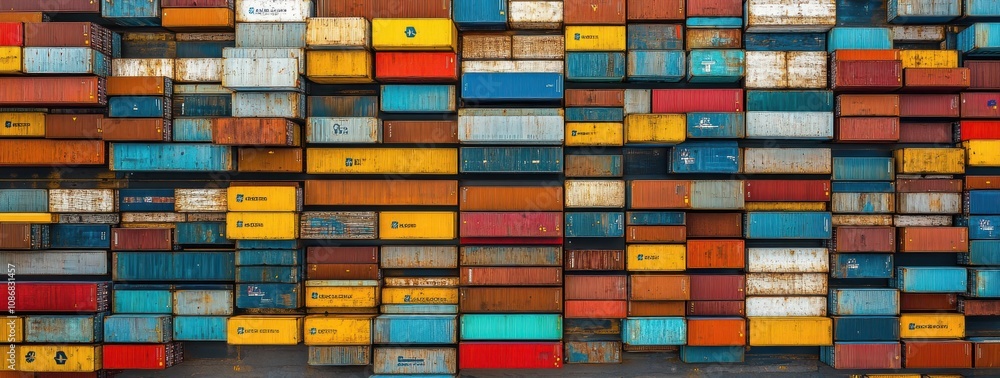 Poster colorful stack of shipping containers at a freight yard with various textures and patterns, ideal fo