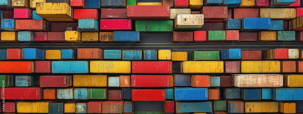 Poster aerial view of colorful shipping containers stacked neatly in a busy freight yard, representing glob