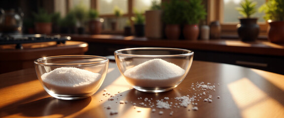Two glass bowls of sugar on a wooden kitchen table surrounded by plants in a warm morning sunlight