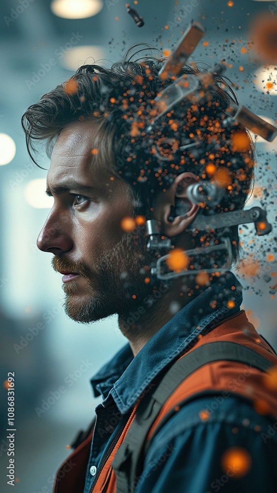 Poster double exposure of an inventor with tools symbolizing creativity