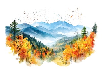 Watercolor Painting of Autumnal Mountain Landscape;  A vibrant illustration of a serene autumn scene featuring colorful trees and majestic blue mountains.