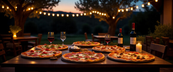 Dinner gathering with pizza and wine under string lights in an outdoor setting at sunset