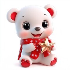 Naklejka premium Adorable 3D Render of a Polar Bear Cub Holding a Gold Star for Christmas