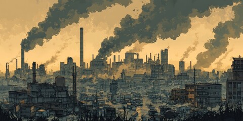 Fototapeta premium An Industrial Cityscape with Smoke Plumes and Tall Buildings