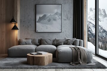 Modern studio apartment with a grey sofa and wood furniture.