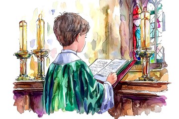 A Young Altar Boy Reads from a Book in a Church Setting - Watercolor Painting.  The image depicts a boy in an alb and surplice, attentively reading from a liturgical book.
