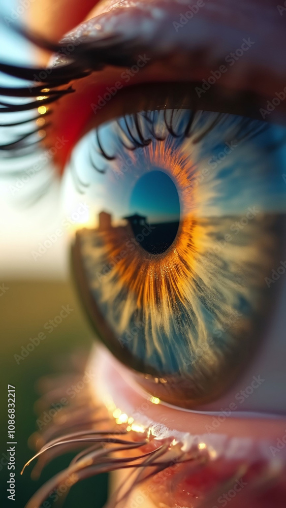 Poster close-up of a farmer's eye reflecting drones analyzing fields in double exposure