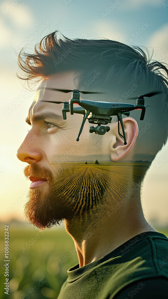 Poster double exposure of a farmer's face with an image of automated drone crop monitoring over farmland
