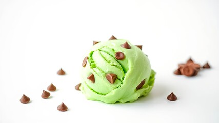 A single scoop of refreshing green ice cream adorned with chocolate chips, showcasing a delightful combination of flavors and textures.