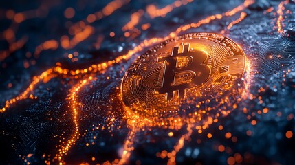 Dynamic holographic bitcoin grids glowing with cascading trails of blockchain nodes in a hightech environment