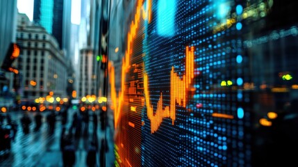 Fototapeta premium Glowing Stock Market Graph with Financial District Background, Urban Investment Scene, Blurred City Lights and Rainy Atmosphere, Economic Data Visualization Concept