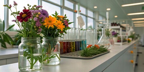 Fototapeta premium Innovative Botanical Experiments in a Modern Laboratory with Sunlit Glass Jars Showcasing Vibrant Flowers for Research and Development in Plant Biology and Horticulture