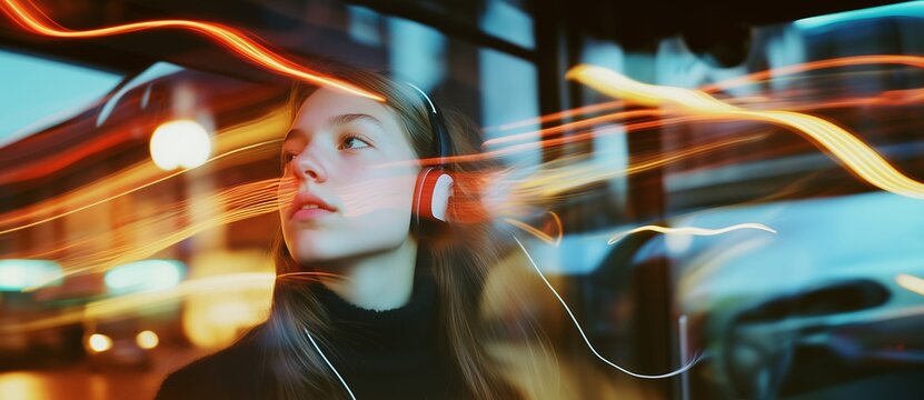 Cool photograph of teenager wearing headphones. Motion blur etherial ambiance effect. Generative AI