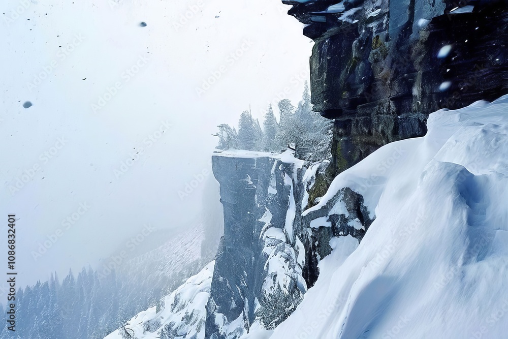 Poster snow from a cliff edge snow falling from the edge of a cliff