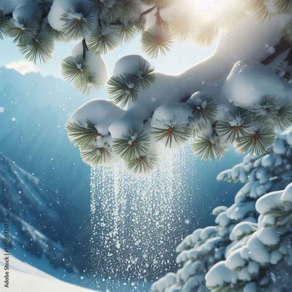 Poster snow from a pine tree snow cascading down from the branches of a