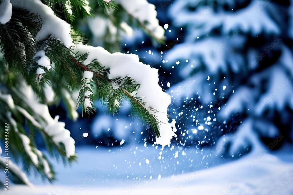 Poster snow from a fir tree snow tumbling down from the branches of a f