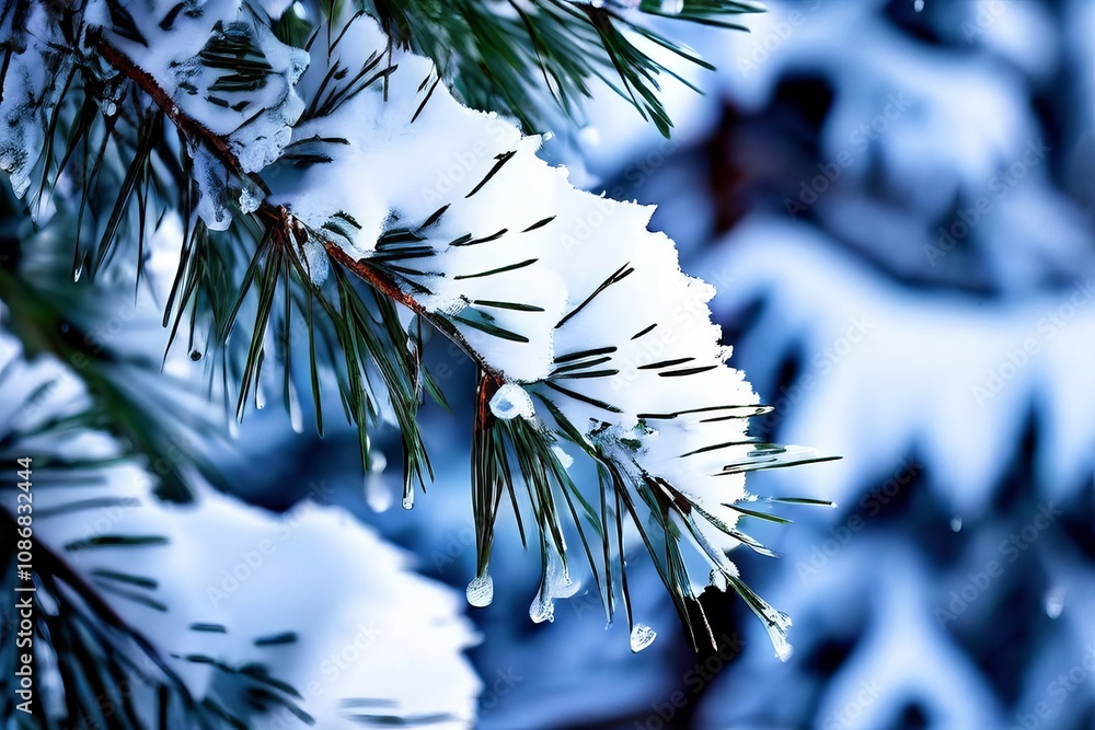 Poster snow from a pine tree snow cascading down from the branches of a