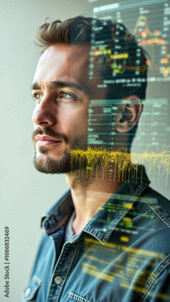 Poster agronomist with crop yield data and charts layered over his face in double exposure