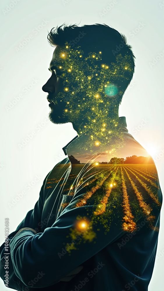 Poster silhouette of an agronomist with images of ai crop monitoring in double exposure