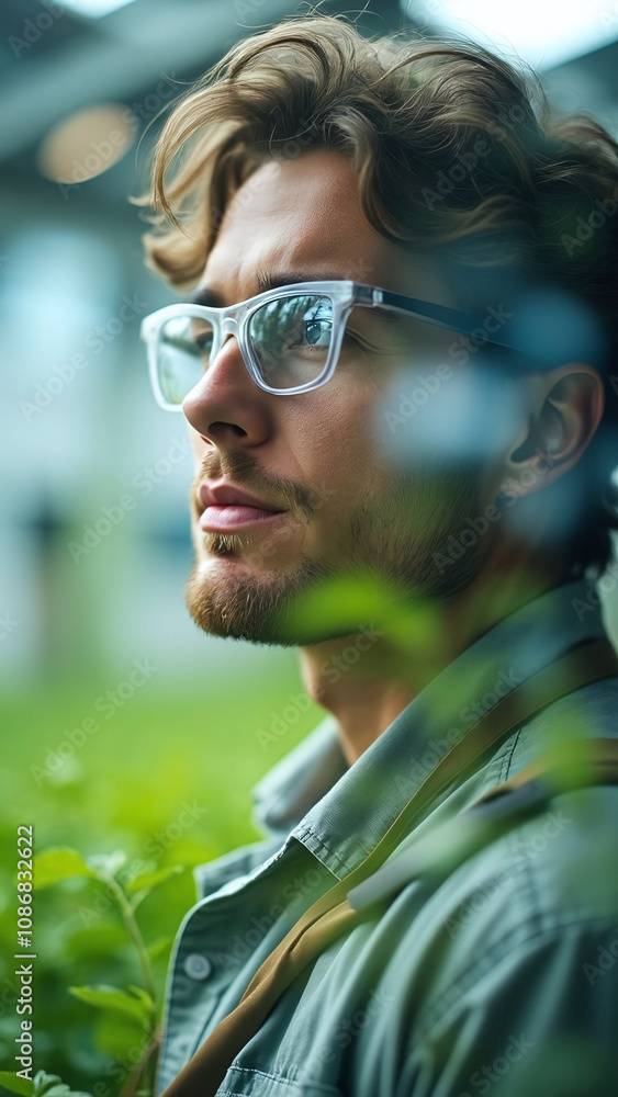 Poster close-up of a tech specialist with soil nutrient analysis data in double exposure