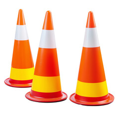 Set of orange white yellow agility traffic safety construction  cones isolated on transparent background