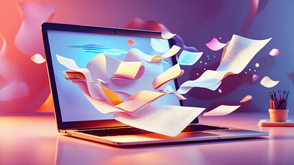 Flying papers and laptop on pink background. Working with digital files. Virtual document management system and digitalization concept
