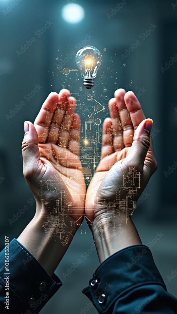 Poster hands creating a new invention overlaying mechanical parts in double exposure