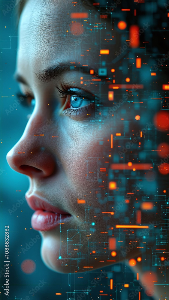 Poster generations represented through faces of various ages layered with futuristic technology visuals