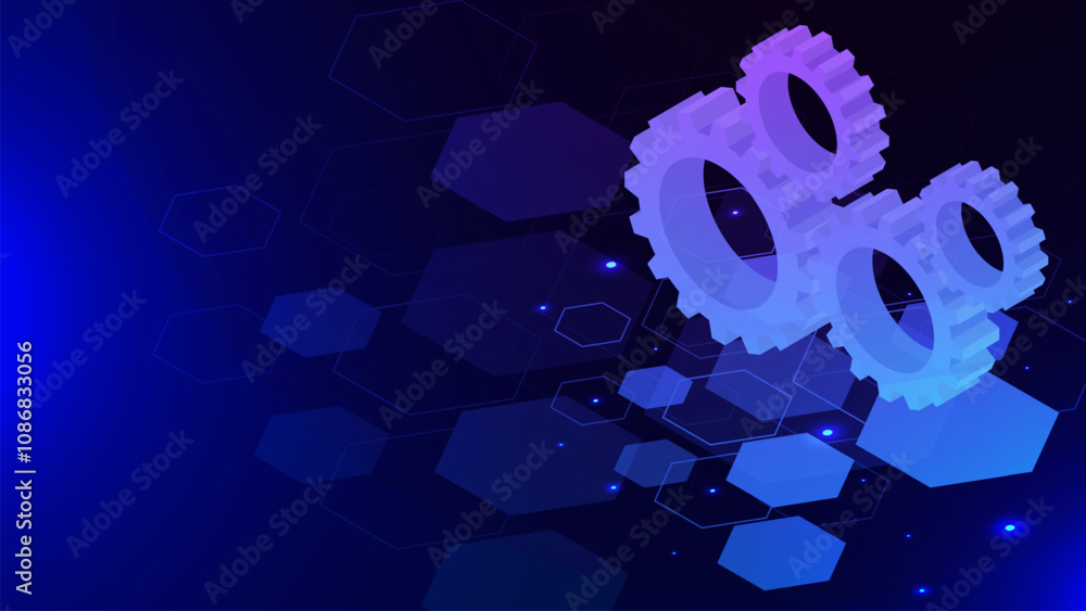 Poster gear and cogs wheel isometric on hexagons and glowing particles background. mechanism, idea and digi