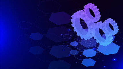 Gear and cogs wheel isometric on hexagons and glowing particles background. Mechanism, idea and digital technology concept design