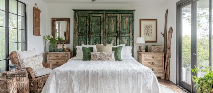 Farmhouse bedroom with a white and green theme, boho decor, and wood elements.