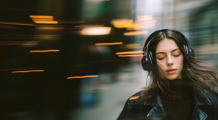 Cool photograph of teenager wearing headphones. Motion blur etherial ambiance effect. Generative AI