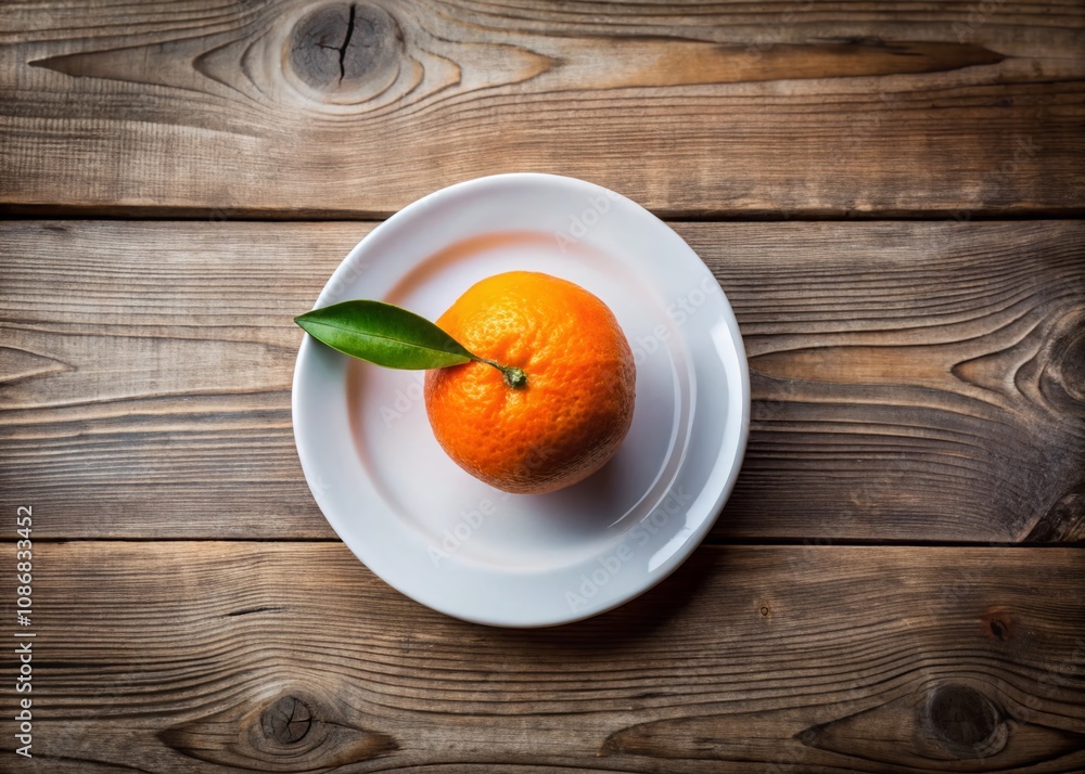 Poster fresh tangerine on white saucer against rustic wooden background with ample copy space for text and 
