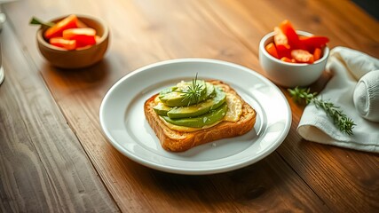 Simple yet satisfying toast topped with avocado slices and a sprig of rosemary, served on a white plate alongside a bowl of orange slices, resting on a rustic wooden surface.