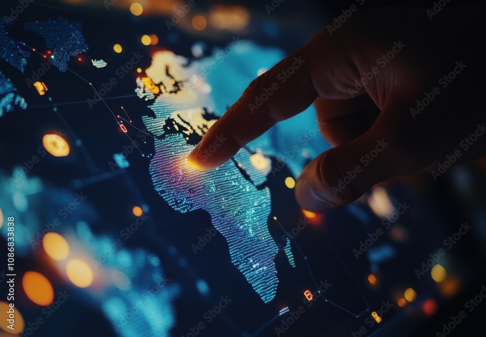 Poster close-up of a human finger touching a digital map display with colorful data points and geographical
