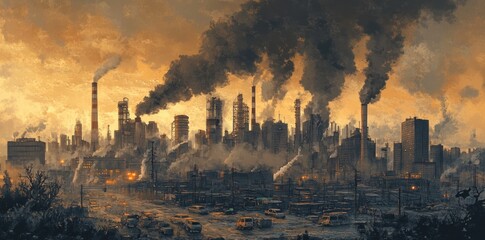 Naklejka premium An Industrial Cityscape with Thick Smoke Pollution at Sunset
