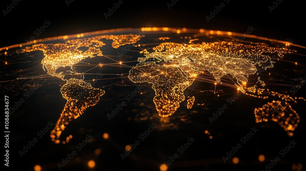 Poster glowing global network map illustrating technological connections across continents with bright ligh