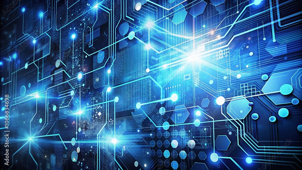 Poster futuristic science and technology background in blue with main subject positioned right and ample co
