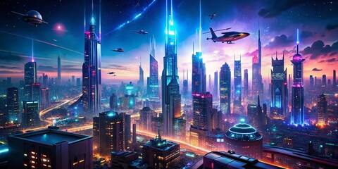 Obraz premium Futuristic Night Cityscape with Neon Lights and Advanced Technology Showcase in a Dystopian Urban Environment Under a Starry Sky