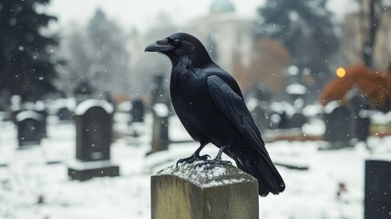 Naklejka premium A black raven stands majestically on a gravestone, surrounded by a serene graveyard dusted with snow, creating a hauntingly beautiful winter atmosphere