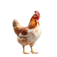 Fototapeta premium Captivating Display of a Beautiful Hen: A Striking Portrait of a Rustic Chicken with Soft, Brown and White Feathers Against a Solid Black Background