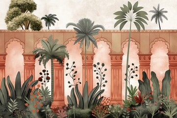 Palm tree and plants in the garden. Digital art painting.